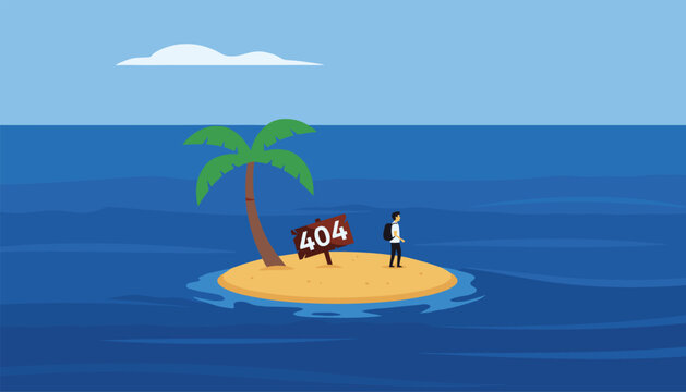 Web design concept showing a lost man with a backpack on a tiny desert island with a wooden 404 error sign.