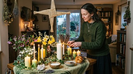 Woman lighting candles for Imbolc festival with Brigid's cross and spring flowers