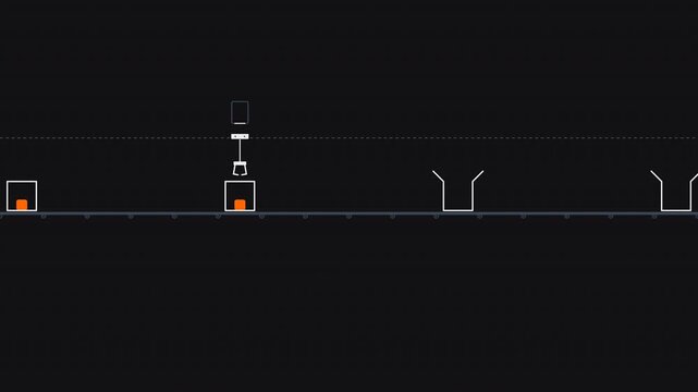 Minimalist 2D industrial animation showing a robotic arm loading cubes into boxes on a factory conveyor belt.