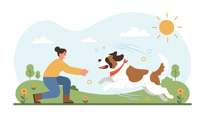 Naklejka premium Cheerful young woman playing with her excited large dog in a sunny green park with rolling hills and flowers.
