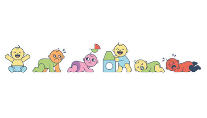 Fototapeta premium Row of cute cartoon babies displaying different developmental stages and emotional expressions on white background.