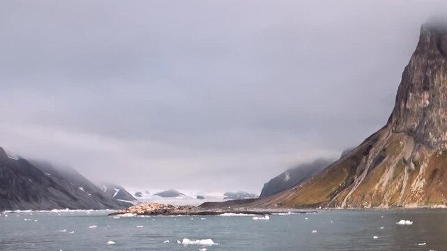Embark on extreme Arctic Ocean journey. Towering, ancient mountains emerge from cold, turbulent waters, surrounded by floating ice. Experience profound, majestic solitude of this polar realm.