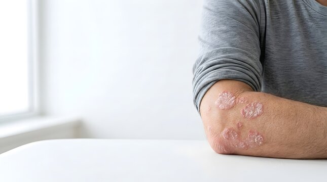 Man with plaque psoriasis patches on elbow and arm sitting at desk in bright medical room.