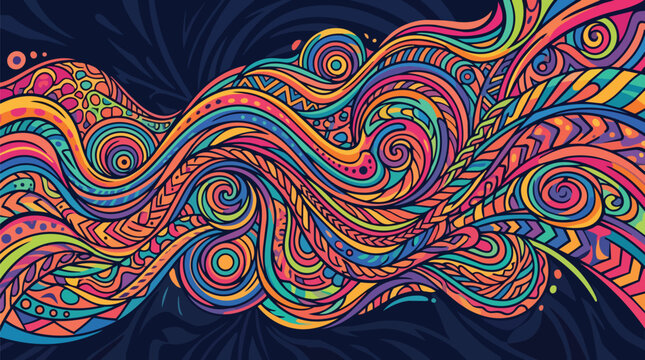 Colorful Psychedelic Abstract Swirls and Waves Background with Intricate Hand Drawn Pattern and Vibrant Neon Colors