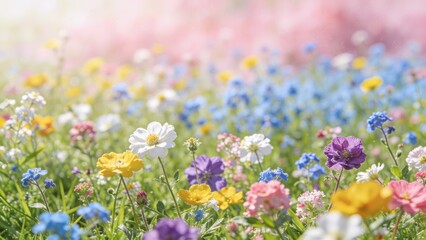 Obraz premium Vibrant colorful flowers bloom in a lush green meadow with pink, purple, and blue hues.