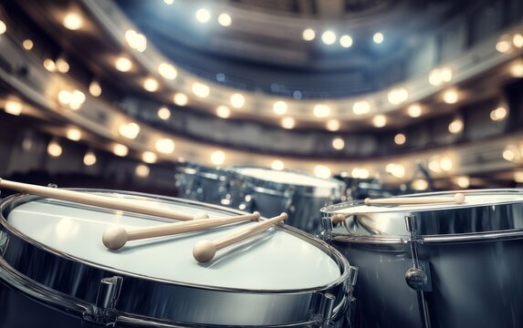 Close-up of Timpani Drums with Mallets in Elegant Concert Hall Setting