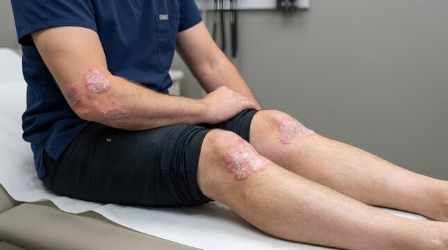 Patient showing characteristic psoriasis plaques on his elbows and knees during checkup.