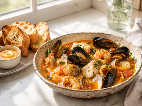 Bouillabaisse francesa servida con pan tostado y salsa rouille, elaborada con pescado fresco y mariscos.