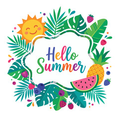 Fototapeta premium Summer border with tropical palm leaves and fresh fruits surrounding a central frame for seasonal party invitations or menus.