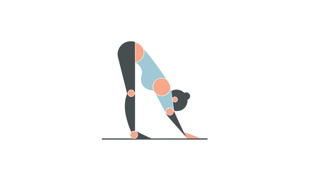 Minimalist vector illustration of a woman in activewear practicing standing forward bend yoga pose on a mat.