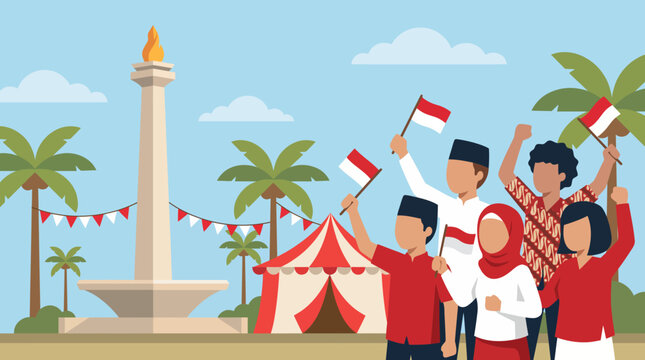 Indonesian People Celebrating Independence Day Holding Flags with Monas Monument and Festival Tent Background Vector Illustration