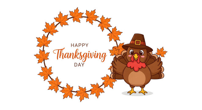Cute pixel art thanksgiving turkey wearing a pilgrim hat with an autumn maple leaf wreath frame