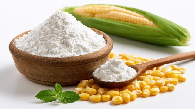 Corn starch in a wooden bowl with spoon and raw corn cobs isolated on white background