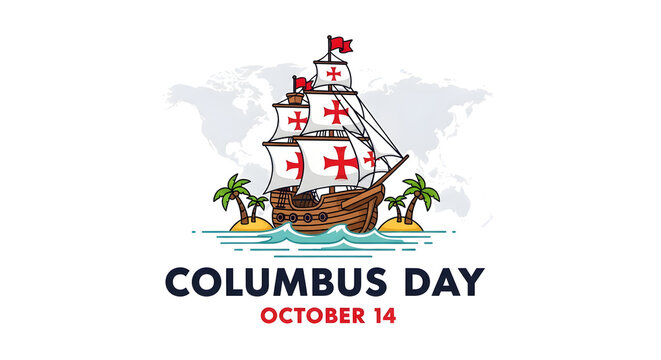 Columbus day celebration design with a vintage sailing ship and tropical islands on world map