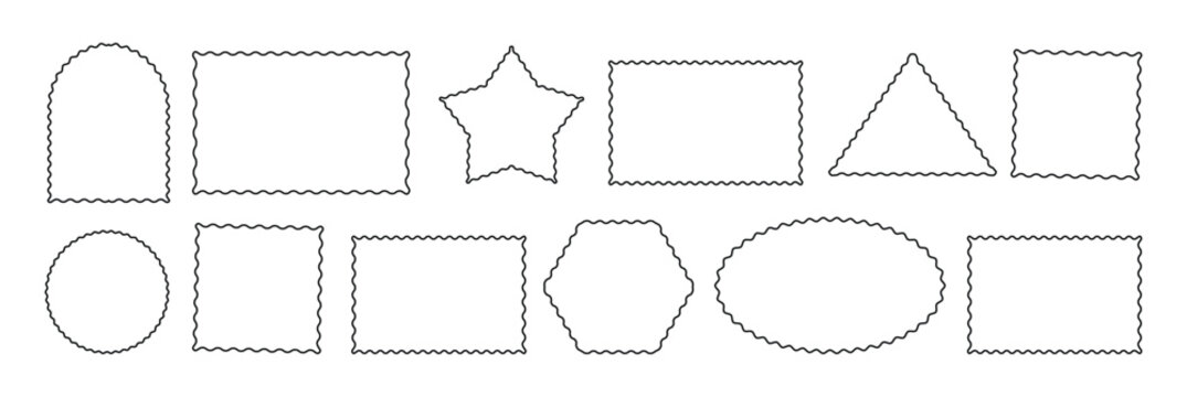 Squiggle frames set. Zigzag wavy edges, retro frames, stickers, photo frames, text boxes, tags, labels.vector illustration