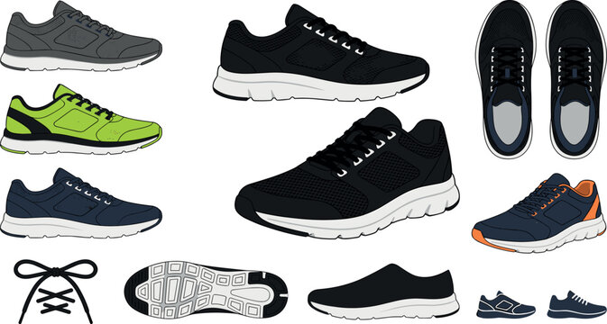 Athletic sneakers icons bundle with fresh running footwear side profiles top down pairs soles and knotted laces isolated on white backdrop