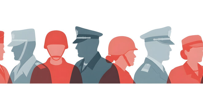 Pixel art style group of soldiers and police officers in a row