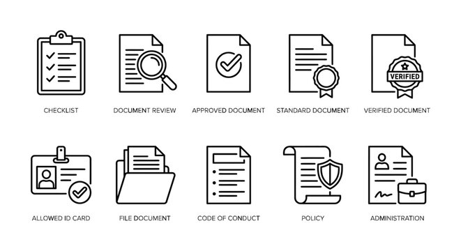 Document verification and administration vector line icon set. Checklist approved policy and code of conduct symbols. Concept for corporate HR UI UX web design and office management app.