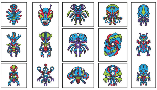 Diverse collection of fifteen colorful retro pixel art monsters in individual grid boxes for game design.