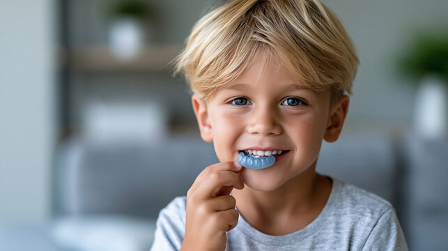 Boy showing his myofunctional trainer device, pediatric dental development, bite correction, healthy growth, with copy space