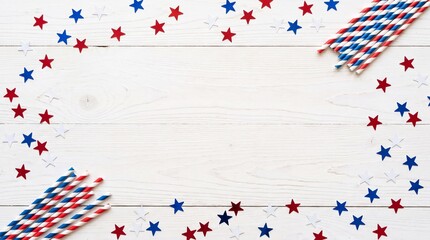 Obraz premium White wooden background with red and blue star confetti and patriotic striped straws, forming a festive frame for celebration.