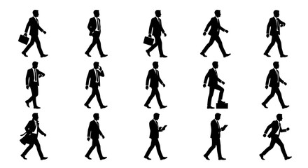 Fototapeta premium Corporate Professional Businessman Animation Frames Black and White Silhouettes of Men in Suits Walking with Various Actions