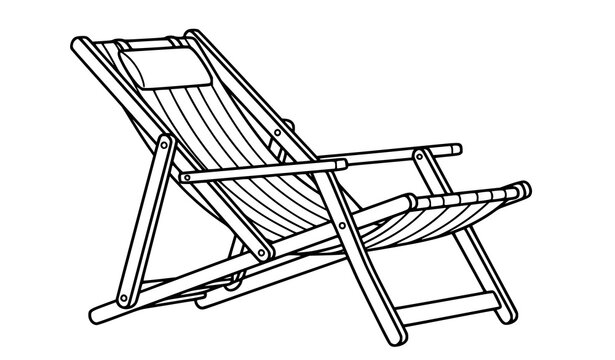 Folding Wooden Deckchair Vector Illustration with Striped Canvas Fabric and Pillow Outline Sketch for Beach Summer Holiday and Relaxing Vacation Designs
