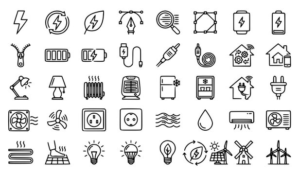 Electricity and Renewable Green Energy Line Icon Set with Solar Panels Wind Turbines Batteries Power Plugs Home Appliances and Light Bulb Outline Vectors