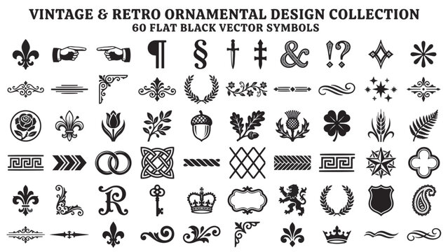 Vintage retro ornamental mega set flat black vector symbols