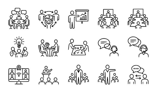 Business Meeting and Corporate Teamwork Line Icon Set with Presentation Conference Brainstorming Customer Support Online Training and Leadership Outline Vectors
