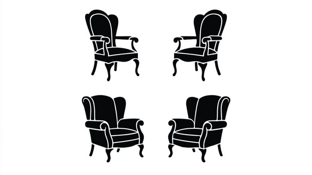 An illustration depicts four black armchairs with white outlines arranged in two rows on a plain surface.