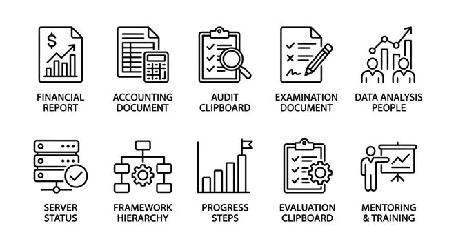 Financial audit and data analysis vector line icon set. Accounting report server status and evaluation symbols. Concept for business management UI UX web design and finance app.