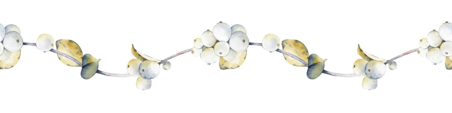 Horizontal seamless border with winter branches of a snowberry on an isolated background. watercolor illustration. For wedding invitations, holiday stationery, textile prints, and delicate packaging