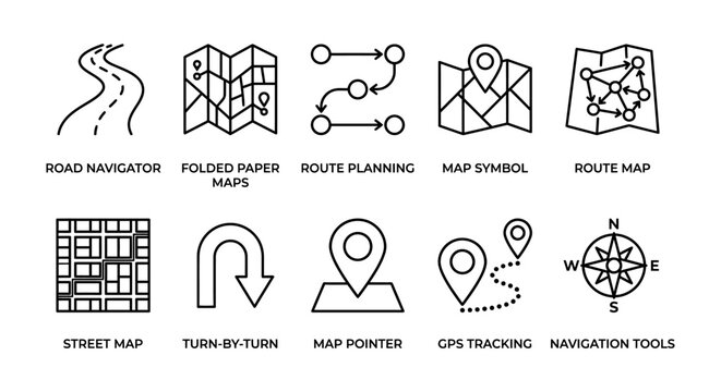Route planning and street map vector line icon set. Road navigator folded paper map and GPS tracking symbols. Concept for city driving UI UX web design and travel direction app.