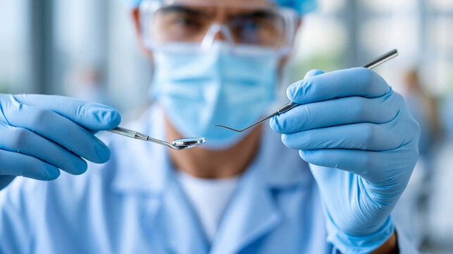 Faceless dentist's point of view examining a patient's open mouth, dental exam perspective, oral health inspection, with copy space