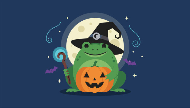 Adorable green frog dressed in a black witch hat holding a jack o lantern pumpkin and magic staff on Halloween night.