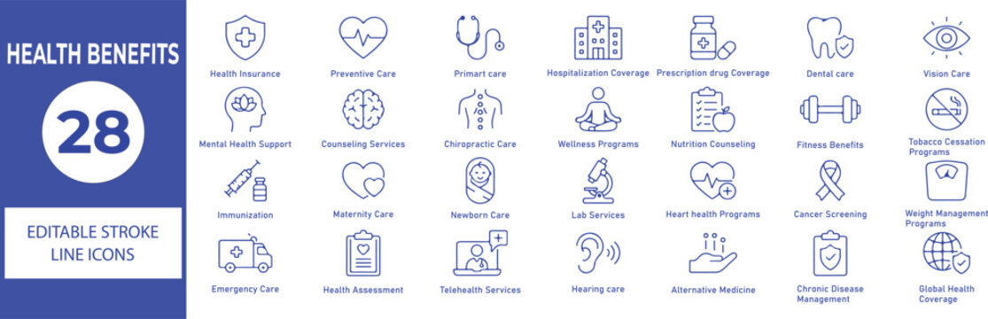Health Benefits Vector Outline Icons Set &ndash; Healthcare Insurance, Employee Wellness, Medical Coverage and Corporate Line Symbols Collection