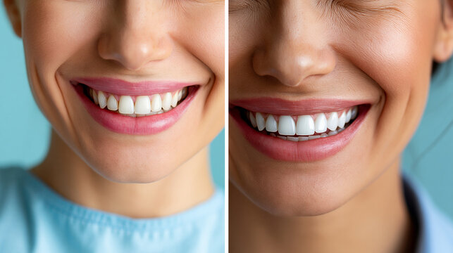 Before-and-after concept of teeth whitening results, dental cosmetic transformation, oral aesthetics improvement, with copy space