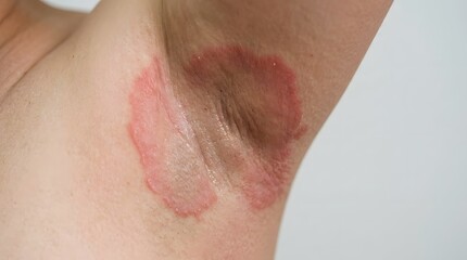 Fototapeta premium Red inflamed psoriasis plaque on human armpit skin displaying irritation and dry texture.