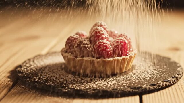 Fresh raspberry tart on a slate serving board.