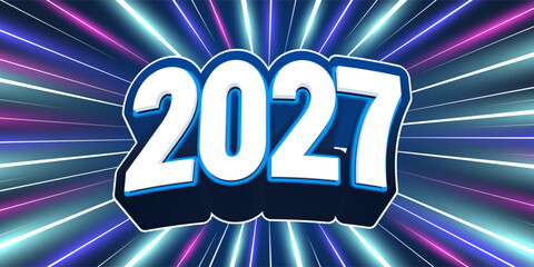 Fototapeta premium Modern 3D 2027 happy new year background vector template. Blue purple isometric rays abstract render design. Luxury typography firework calendar greeting card poster holiday flyer post sign.