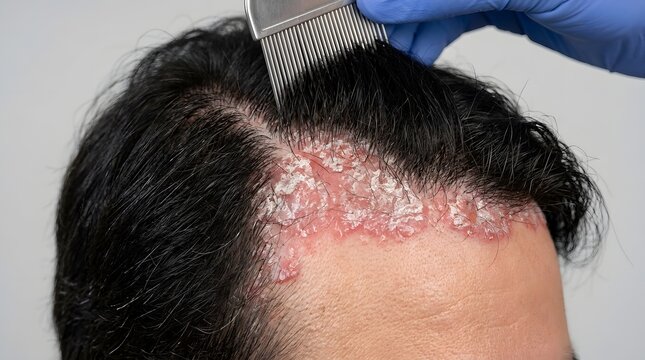 Detailed close up of scaly scalp psoriasis patches being lifted by fine toothed comb tool.