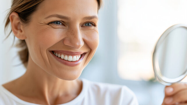 Smiling patient holding a small mirror to view whitening results, dental cosmetic satisfaction, oral care transformation, with copy space