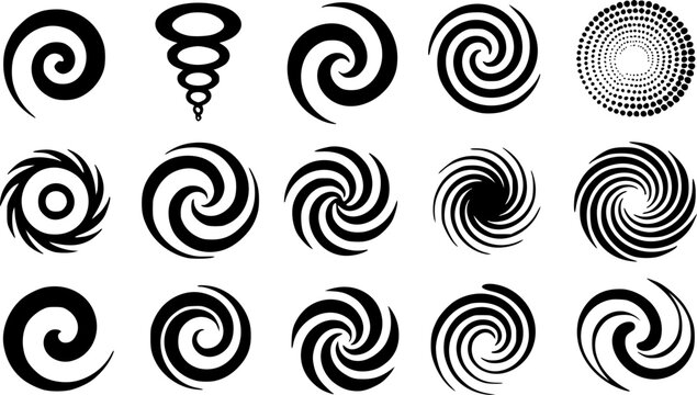 Abstract vector icon set of black spiral swirls, hypnotic vortex shapes, fluid twisting motion graphics, and halftone circular patterns, perfect for modern digital design.