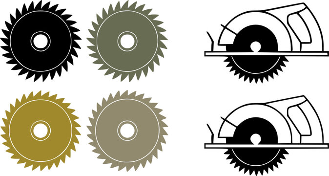 Industrial circular saw blade and electric power cutter icon set, representing professional carpentry tools, lumberjack woodworking machinery, construction hardware, and metal cutting.