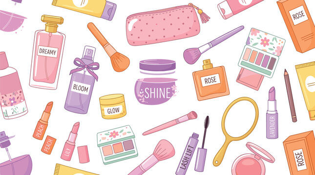Cosmetics and makeup seamless pattern background with beauty products perfume eyeshadow brushes and lipstick vector illustration