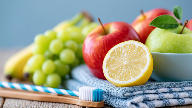 Healthy smile lifestyle concept featuring fresh fruit and dental care items, nutrition and oral health, with copy space
