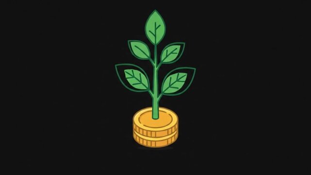 Green plant growing from stack of gold coins