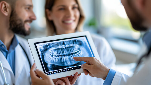 Digital x-ray display being explained to a patient, diagnostic dentistry, dental imaging technology, with copy space