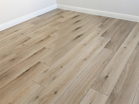 Light Oak Wood Laminate Flooring Planks | Modern Hardwood Texture Background with White Baseboard | Luxury Vinyl Tile Floor Close Up Interior | Scandi Style Wooden Planks Flooring Renovation
